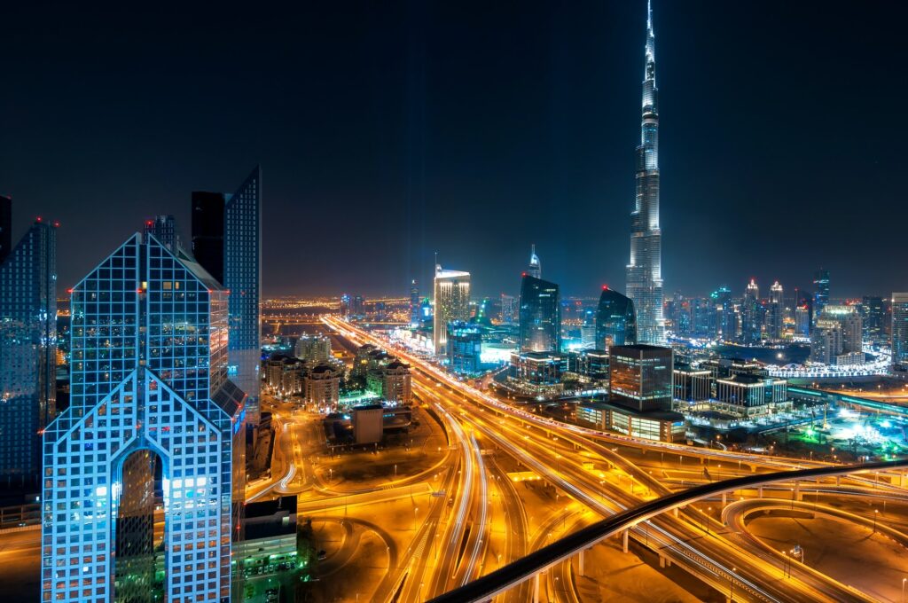 Night dubai downtown skyline with tallest skyscrapers and beautiful sky, Dubai, United Arab Emirates